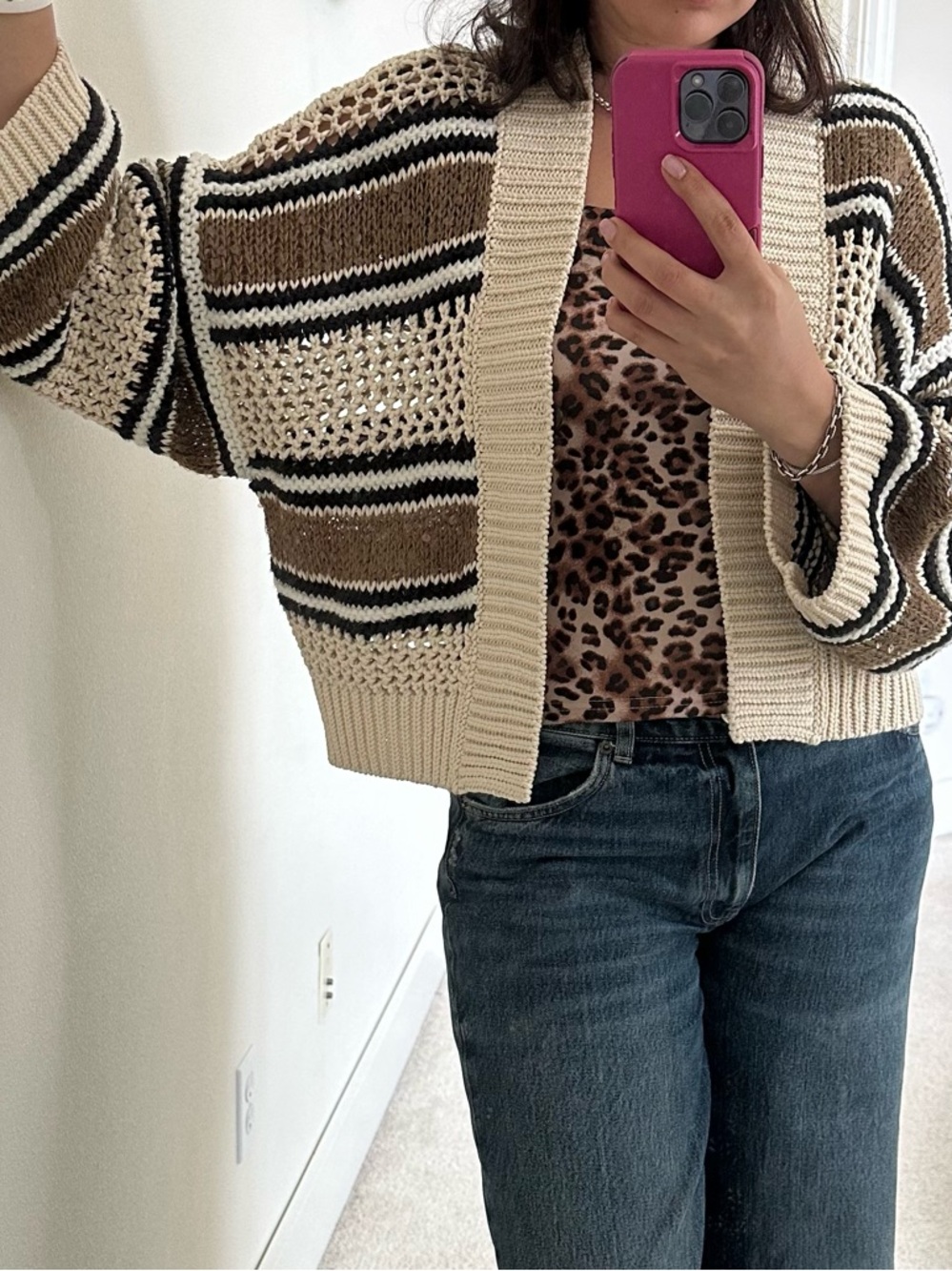 Brunello Cucinelli Cropped Striped Crochet Cardigan in Cream, Brown & Black